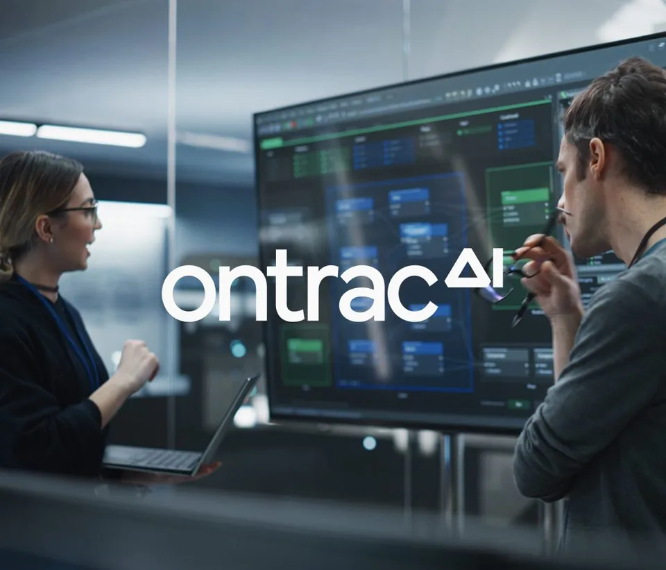Ontrac AI logo over a team reviewing a dashboard