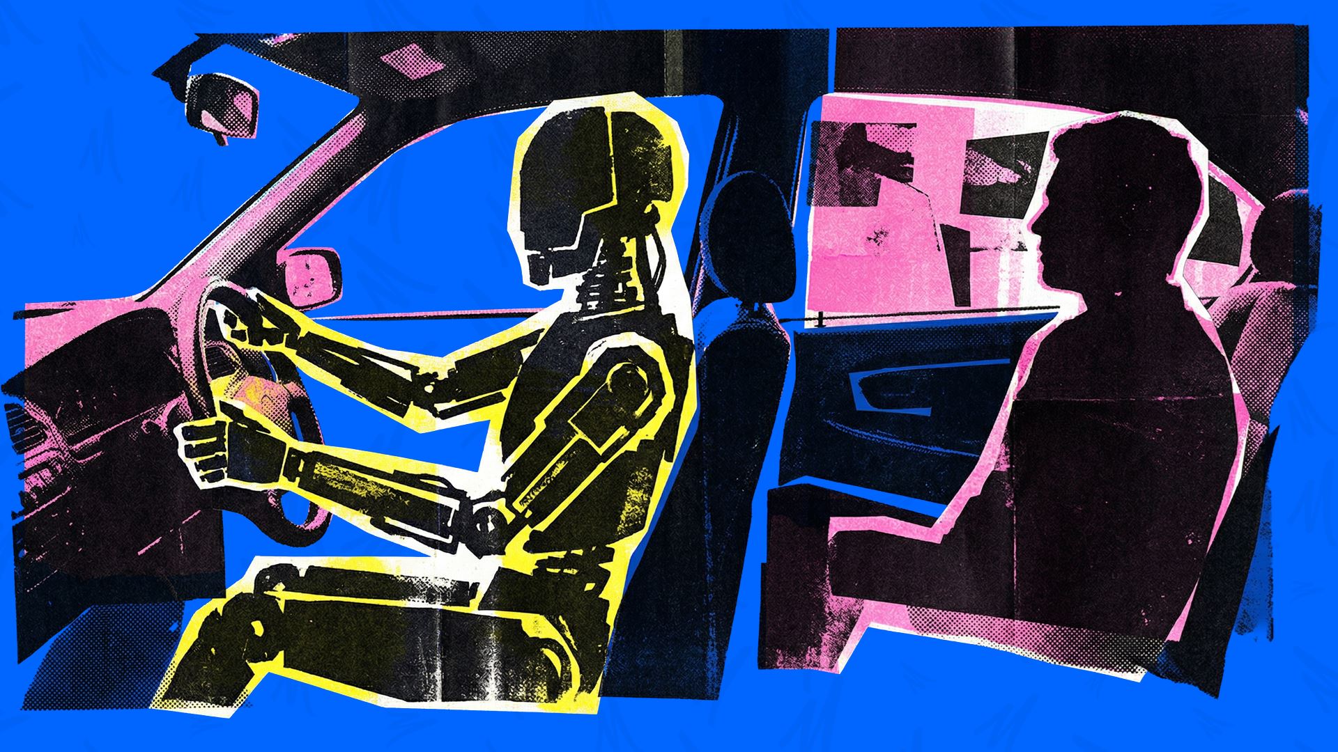 AI driver vs AI passenger concept — marketing team member as the passenger.